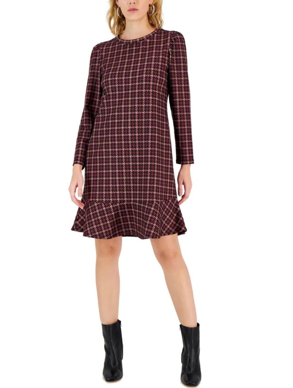 ANNE KLEIN Women Knit Shift Dress 10-12 Large Pink Black Houndstooth Stretch NWT